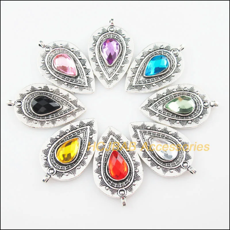 8Pcs Tibetan Silver Plated Teardrop Mixed Acrylic Charms Pendant 20.5x35mm