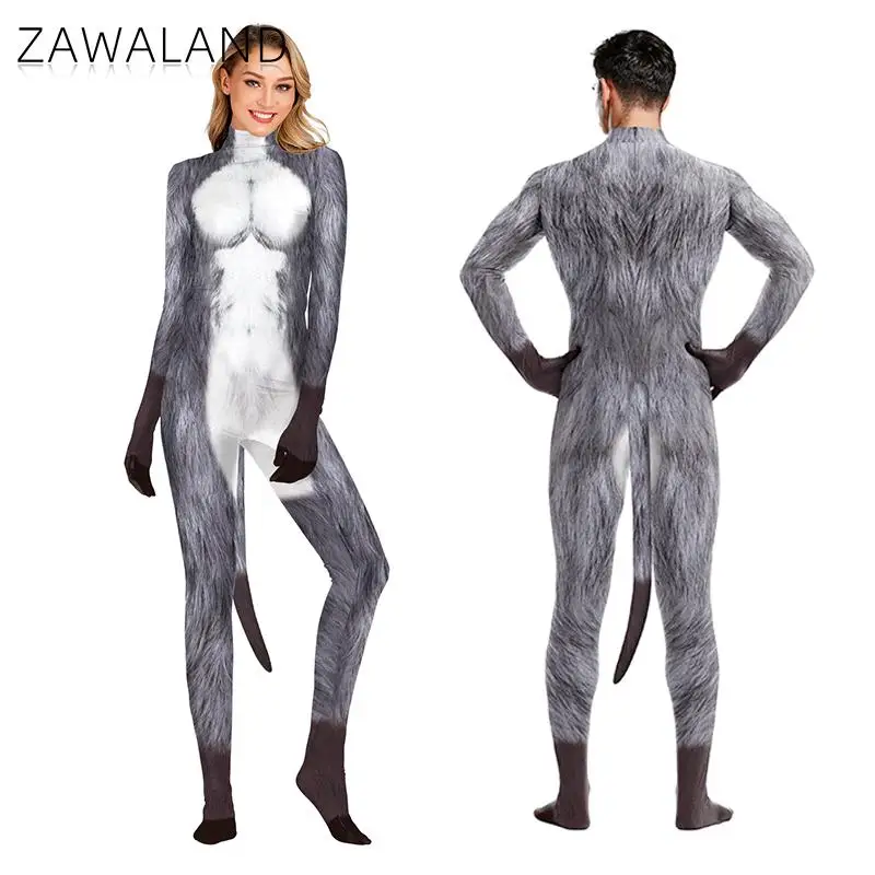 Zawaland Paar Kostuums Bodysuit 3d Print Wolf Met Staart Cosplay Catsuit Jumpsuit Dierenkleding Volwassen Vrouwen Outfits Zentai