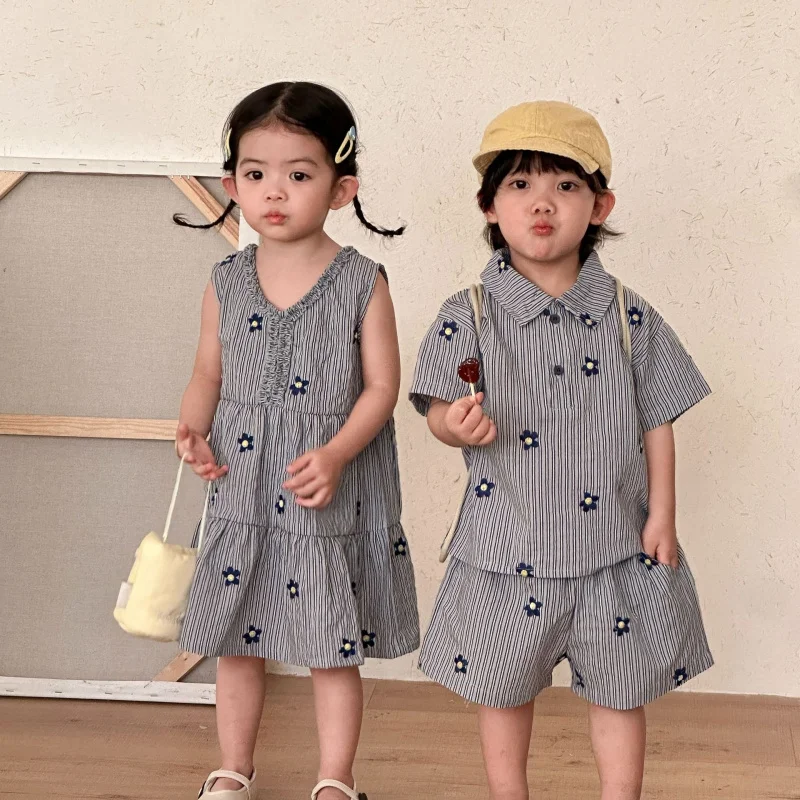 Children's Summer Shirt Set for Boys and Girls, New Baby Embroidered Floral Striped Dress, Reversible Dress for Brothers and Sis
