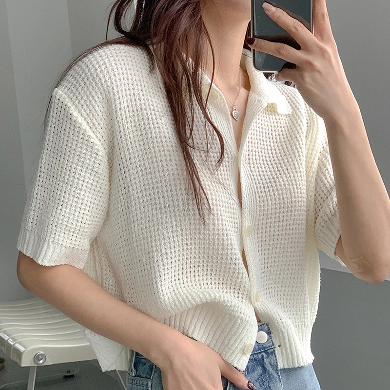 

Korean Sle Japanese Heavy Dra Collar Open Cardigan Knitted Summer Ice Cool Color ort Sve Women's Sweater