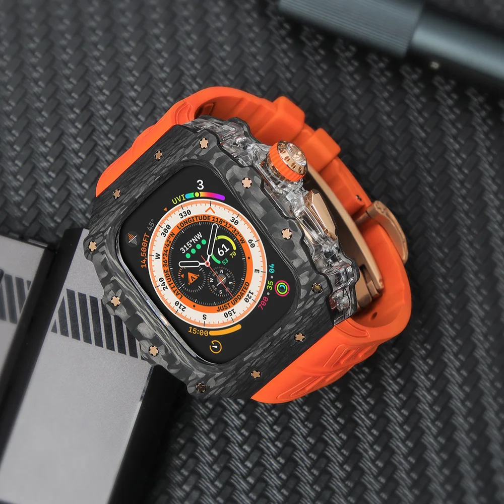 49mm Apple Watch Ultra 1/2対応 防水フッ素ゴムストラップとカーボンファイバーケース改造用 多色展開