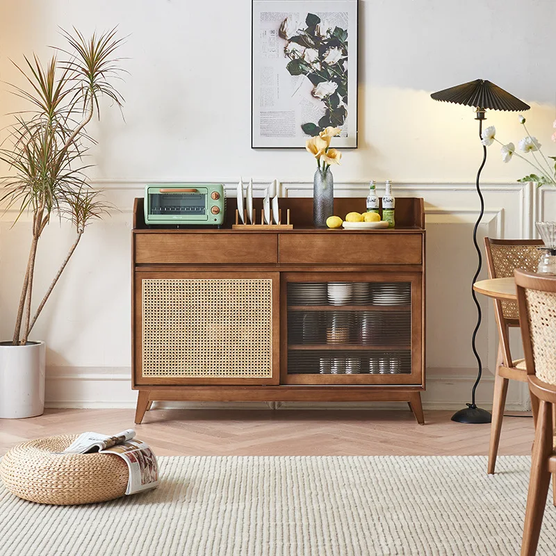 Japanese-style solid wood rattan sideboard, ash wood wabi-sabi sideboard, household entrance, simple double-door storage cabinet