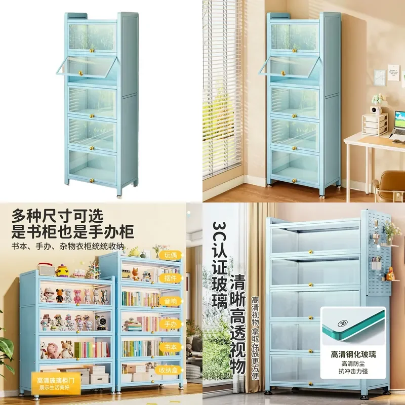 Floor to Ceiling Steel Bookshelf with Glass Door Iron Display Cabinet Dustproof Storage Unit for Home Office Living Room