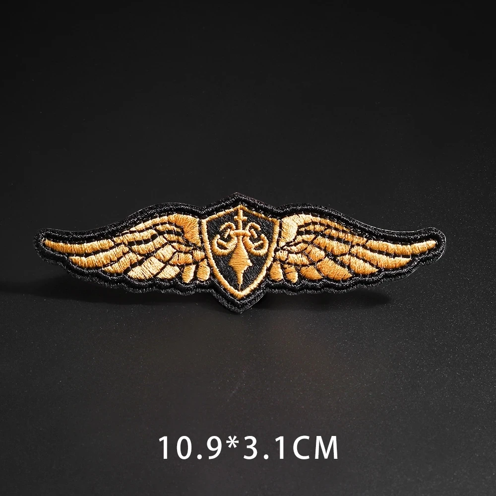 Wholesale Golden wing size: 10.9X3.1CM Embroidery Patches for Clothing Tactical Morale Army Logo Iron on Clothes Badge Appliques