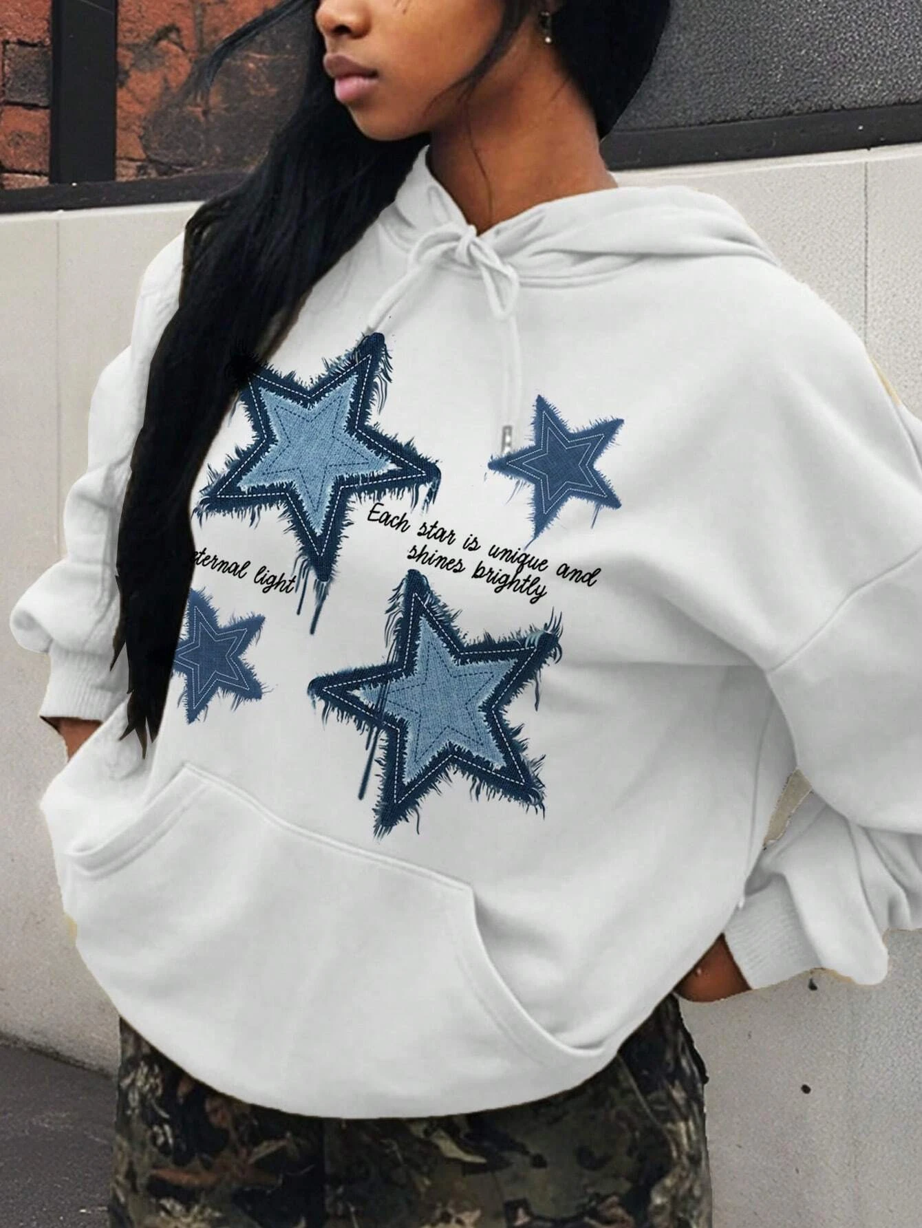 Retro Blue Star Printed Women Hoodie Casual Multicolor Hoody Vintage Loose Y2K Hoodies Comfortable Fleece Woman Clothing