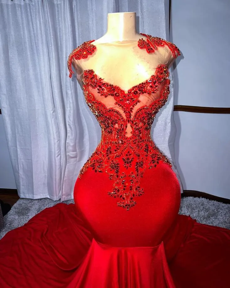 Vestido de cumpleaños elegante con alfombra roja para niña negra, cuentas de cristal brillante con vestido de noche, terciopelo, malla transparente, sirena