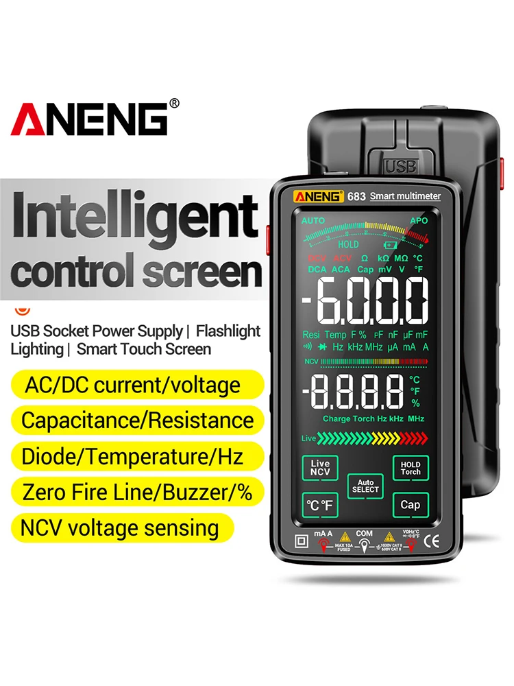 Elektrische capaciteitsmeter Touchscreen Transistor Testers 6000 tellingen AC/DC Oplaadbare zaklamp Verlichting Meetinstrumenten