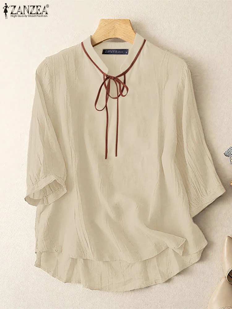 ZANZEA ผู้หญิง Crinkled Texture เสื้อ 2025 ฤดูใบไม้ร่วงแฟชั่น LACE-Up Mandarin COLLAR 3/4 Sleeve Blusas Mujer Elegant Solid Tops