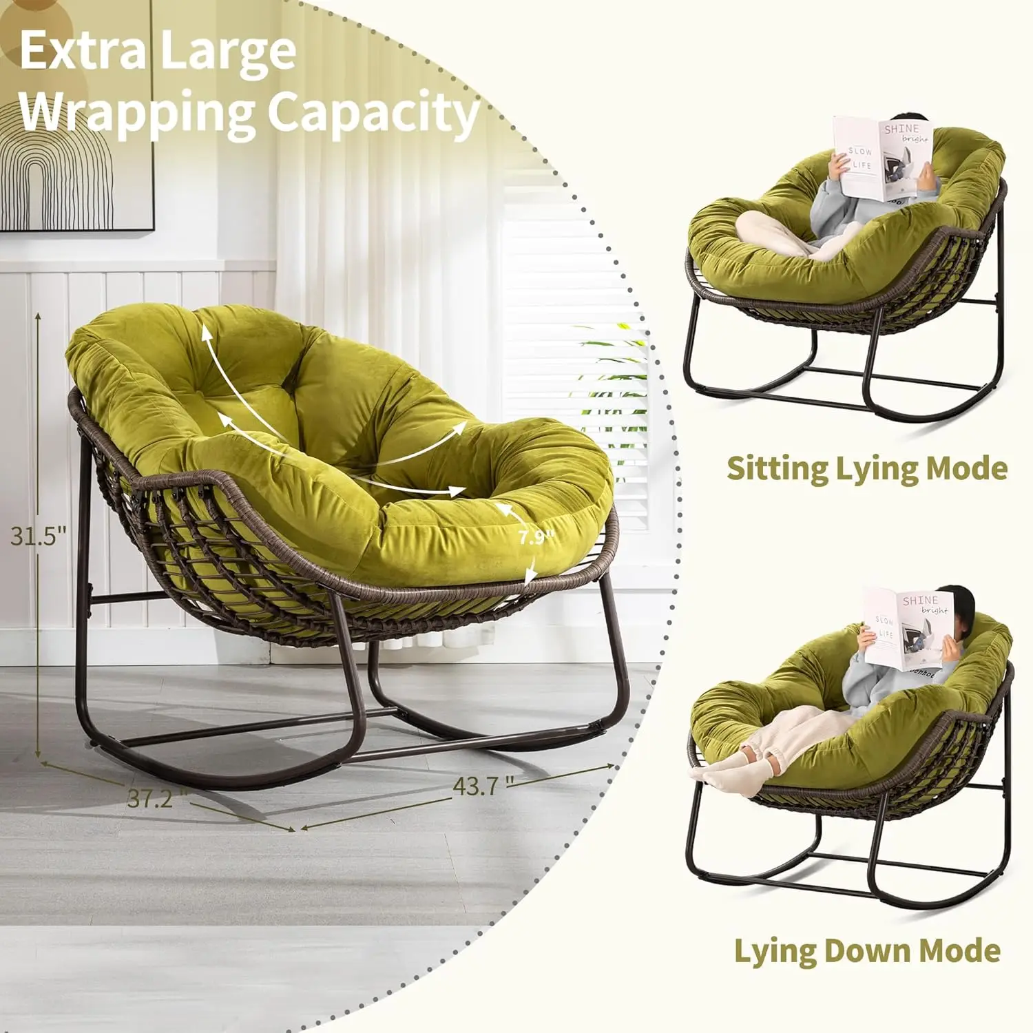 Outdoor Rocking Chair - Oversized Comfy Patio Chair Indoor Egg Royal Rattan Rocking Chair with Cushion for Front Porch Lounge La