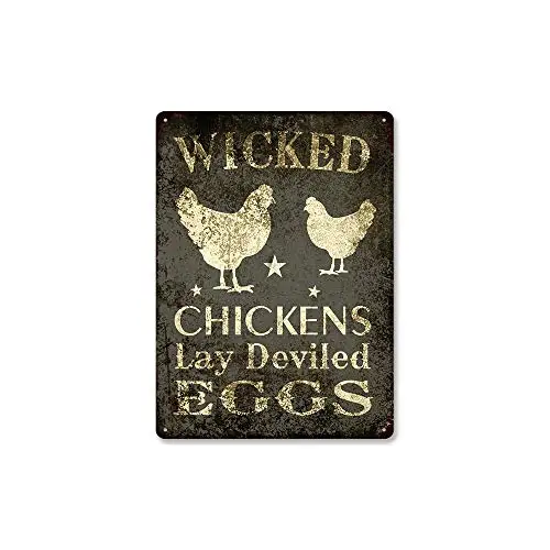 1pcs,Retro Metal Tin Sign Wicked Chickens Lay Deviled Eggs Funny Tin Signs  for Kitchen Cafe Pub Man cave Art Wall Decor Vin