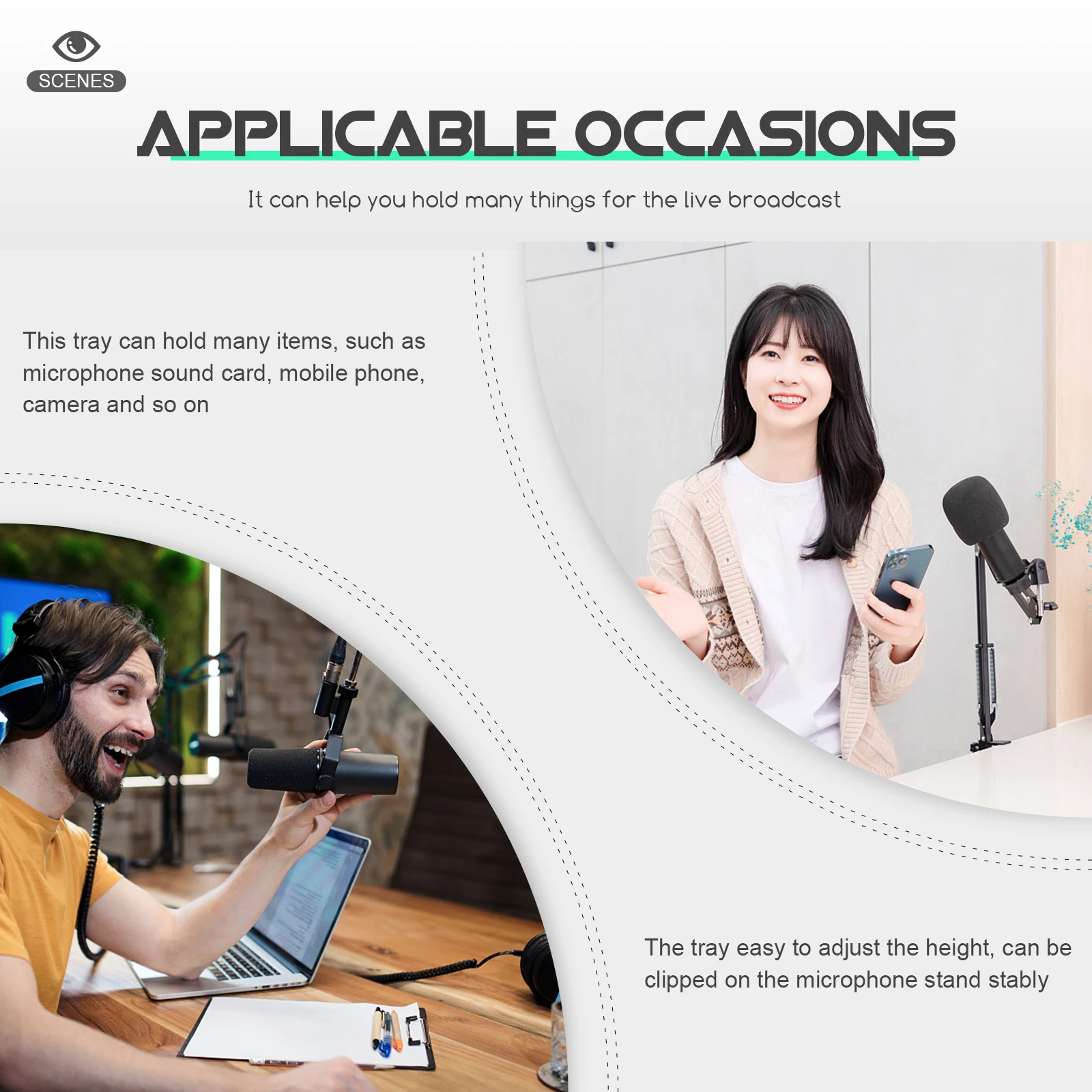 

1pc Plastic Pallet 22x16 5cm Mic Tray Durable Material Live Broadcast Shelf Sound Card Holder Adjustable Height Clamp Rack