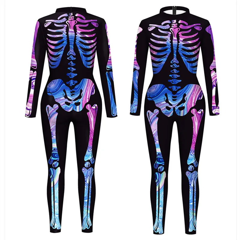 IOOTIANY Fluoreszierender Totenkopf-Overall, 3D-gedrucktes Halloween-Cosplay-Kostüm, sexy Jumpsuit, Bodysuit, Karnevalskleidung für Erwachsene – Detail 2