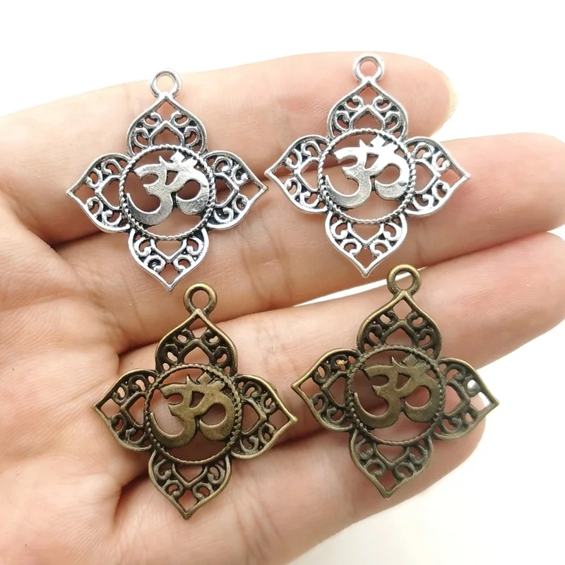 6Pcs 39*30mm Filigree OHM OM AUM Buddha Lotus Pendant Charms Jewelry Making DIY Necklace earrings Handmade Craft designer charm