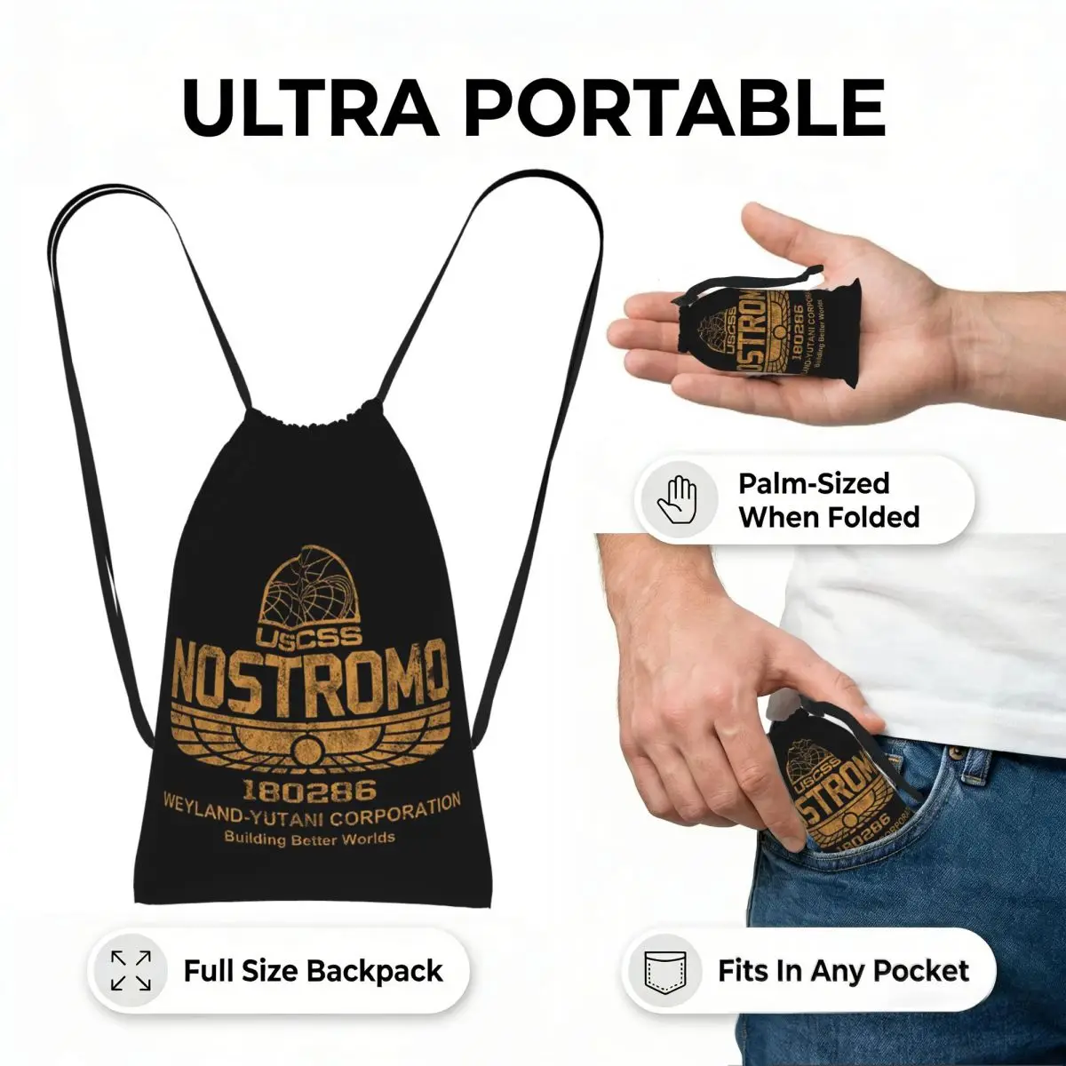 Nostromo Alien Drawstring Backpack hiking cycling Bag Lightweight Foldable Storage Drawstring Bag for Men Women