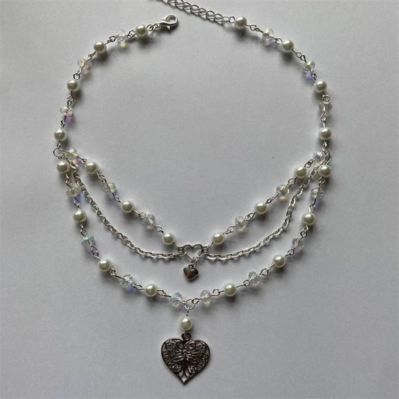 Layered Butterfly Pendant Necklace Multi-layer Simulated Pearl Chain Choker For Women Clavicle Chain Jewelry Ornament