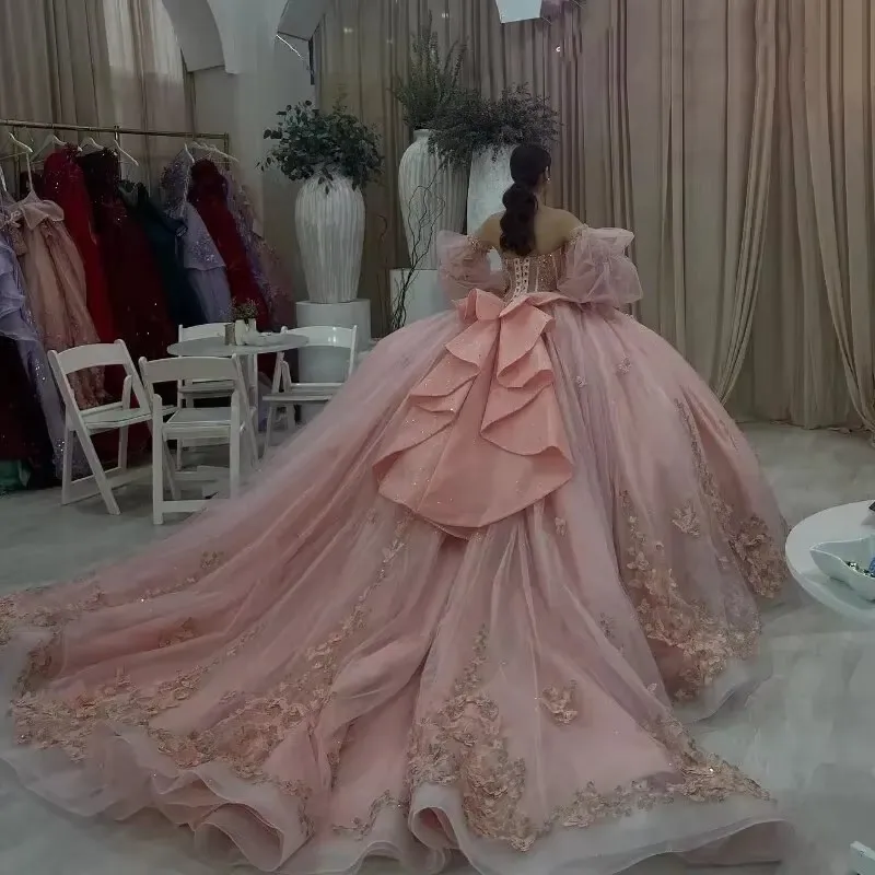 ANGELSBRIDEP-Robes de Quinceanera gonflées personnalisées, appliques de fleurs en dentelle, rose blush, fête d'anniversaire, luxe, éducatif, 15 ans