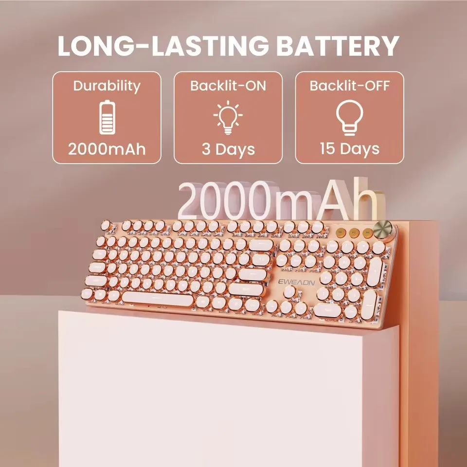 EWEADN V20 لوحة المفاتيح الميكانيكية الرجعية فاسق الآلة الكاتبة اللاسلكية ثلاثي نموذج 104 مفاتيح أغطية المفاتيح المستديرة الأبيض الخلفية مكتب الكمبيوتر كتم