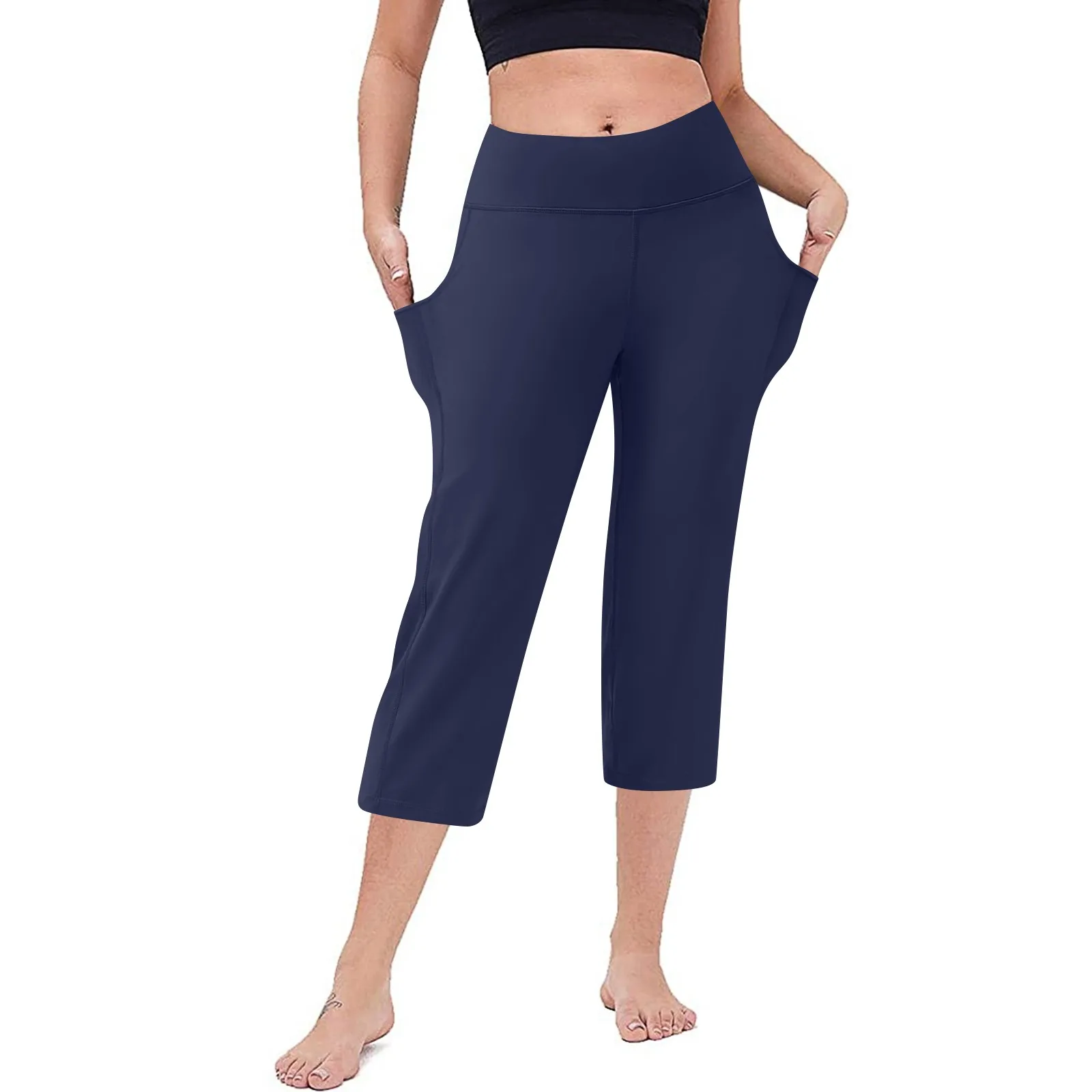 Damskie elastyczne spodnie z wysokim stanem 3/4 Casual Active Fit Szerokie spodnie Capris Spodnie z kieszeniami Spodnie dla kobiet Spodnie damskie