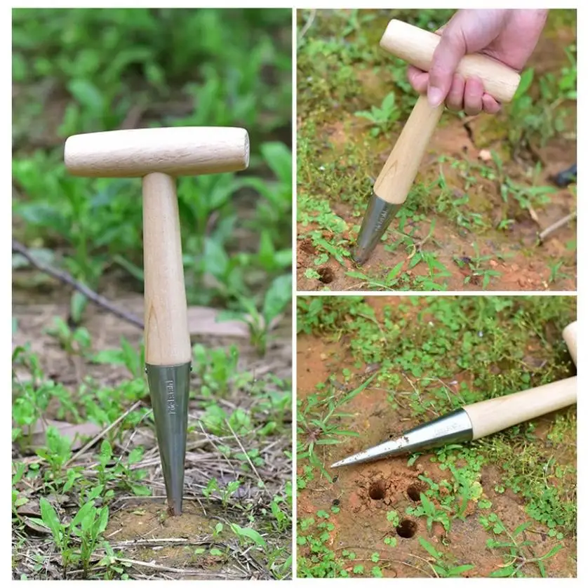 Stainless Steel Seeder Excavator Horticultural Wood Handle Hole Drilling Seedling Transplanting Flower Planting Seedling Planter