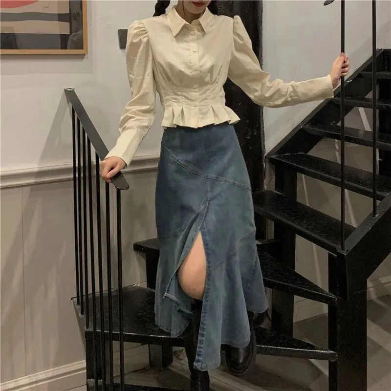 MEXZT Vintage Folds Shirts Women Korean Ruffles Puff Long Sleeve Crop Tops Streetwear Preppy Slim All Match Blouses Spring New