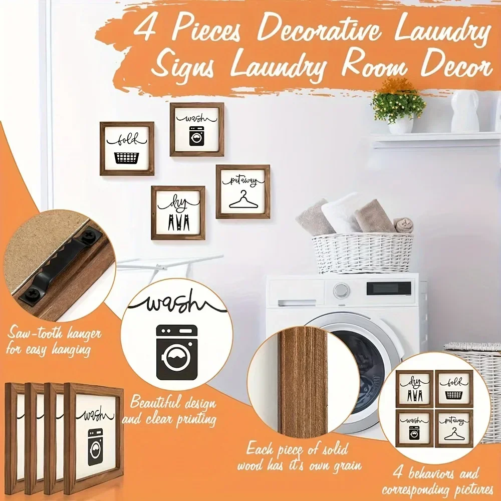 4-Piece Rustic Wood Signs for Laundry Room - Charming Farmhouse Decor with Wall Hanging Design - Cozy Home Accent