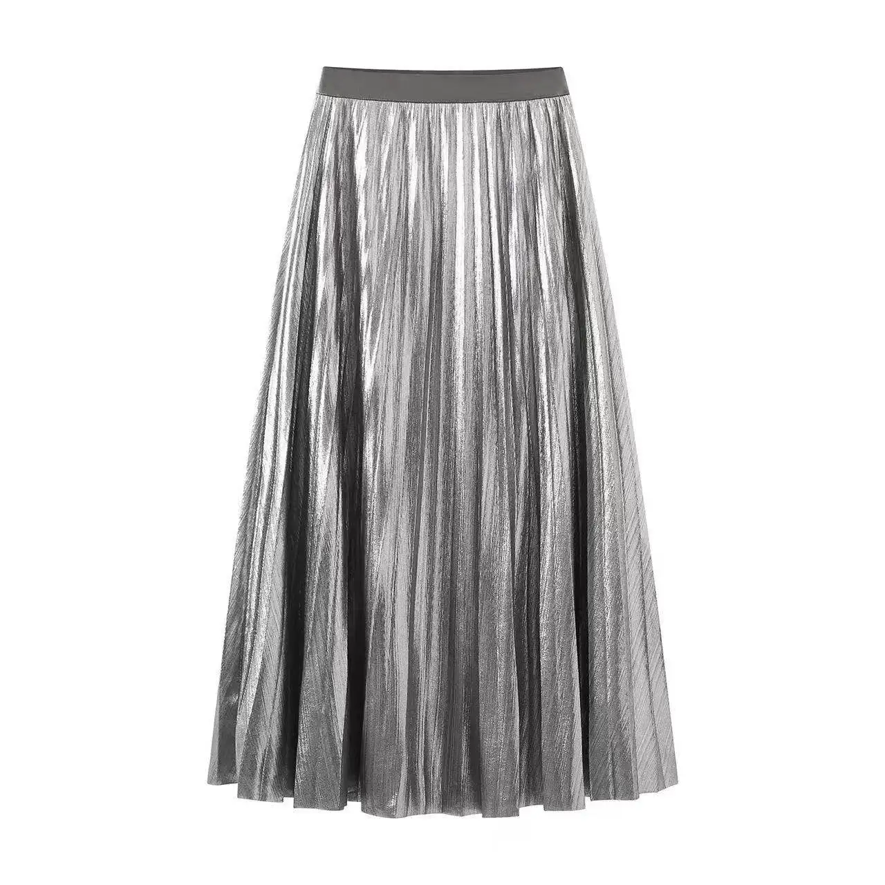 

Vintage Minimalist Silver Pleated Midi Skirt Women Spring New High Waist A-line Skirt Lined Anti-slip Elegance Fashion Trend