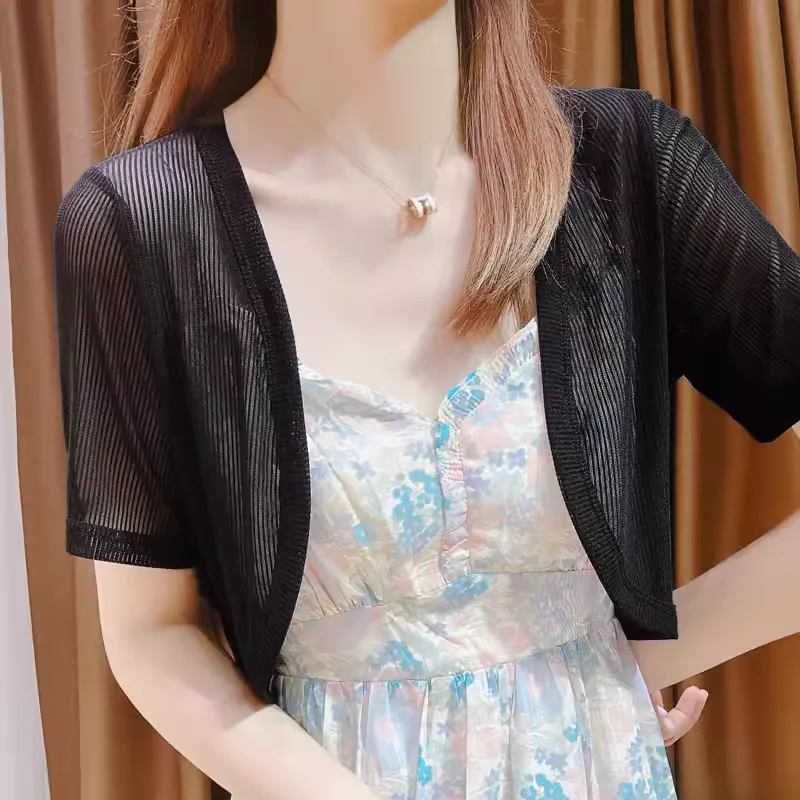 

Ice Silk Short Sleeve Open Cardigan Thin Women's Halter Dress Outer Covering Summer Skirt Mesh Small Cannon Shoulder