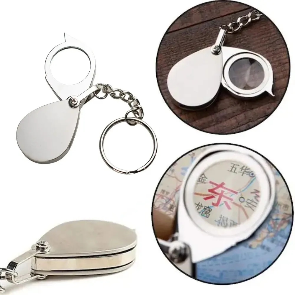 10X Magnifier Keyring Mini Portable Folding Loupe Silvery Magnifier With Key Chain Waterproof Daily Magnifying Tool