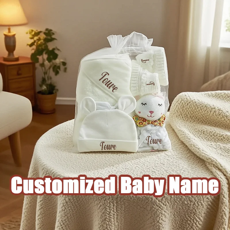 

Personalised Baby Gift Set with 4 Pcs Embroidered Name Hooded Towel Accessery for Baby Shower Gift Newborn Holiday Present