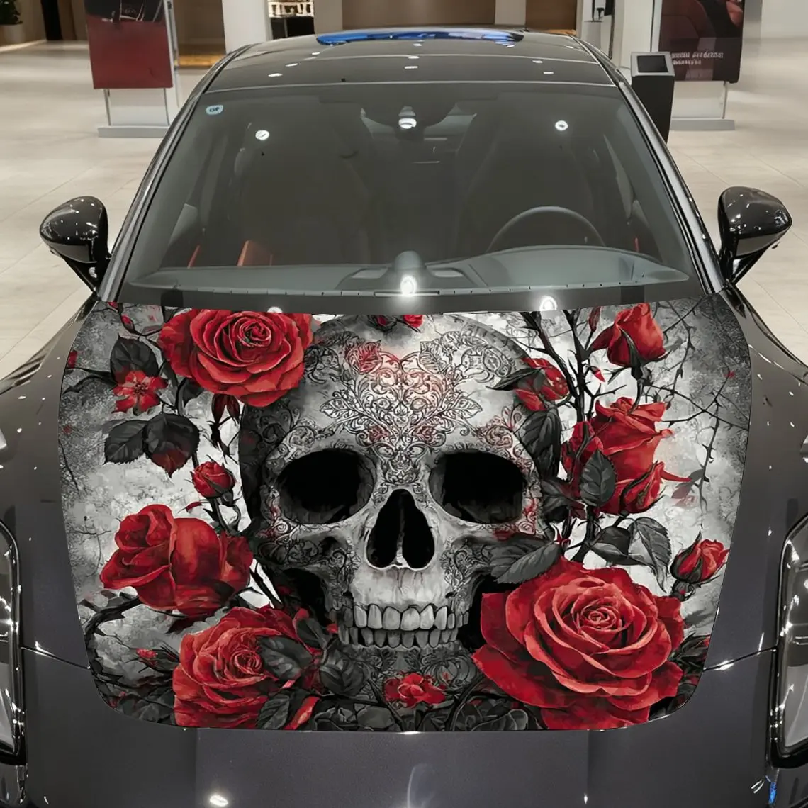 

Виниловая упаковка на капот автомобиля с розовым черепом - водонепроницаемая, устойчивая к царапинам, самоклеящаяся наклейка, красный и черный дизайн, прочный ПВХ, Sui