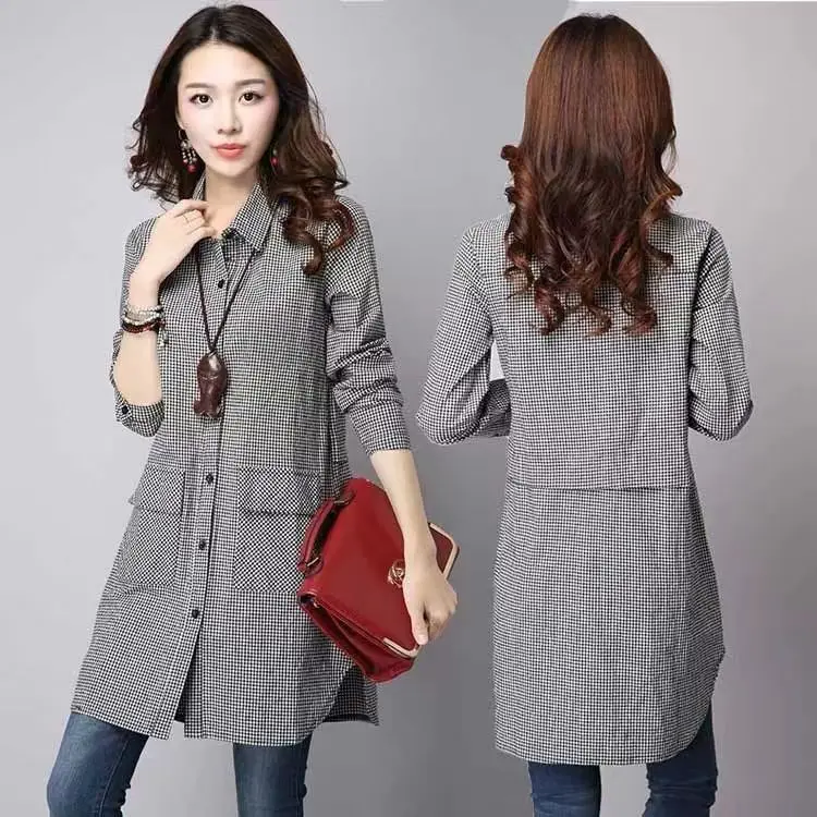 

Spring Women's Plaid Long Sve irt Dr Loose plus Size Commute Sle Button Closure Collar Mid-Length Coat