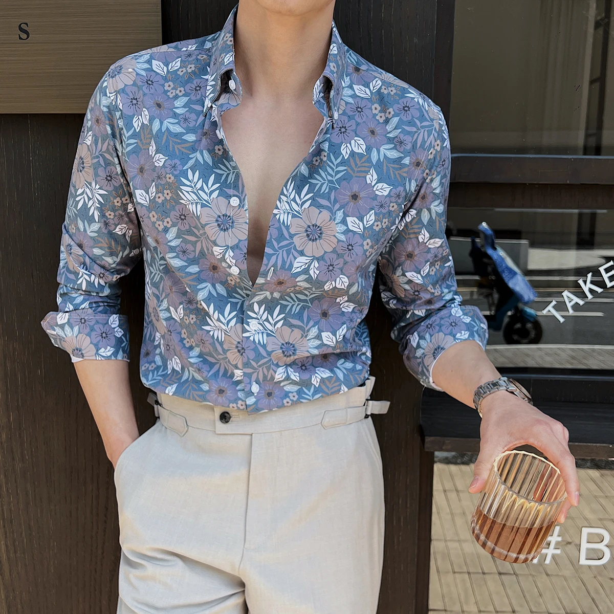 British Style Floral Shirt for Men Long Sleeve Slim Fit Casual Business Dress Shirts Hawaiian Vacation Beach Shirt Men Clothing