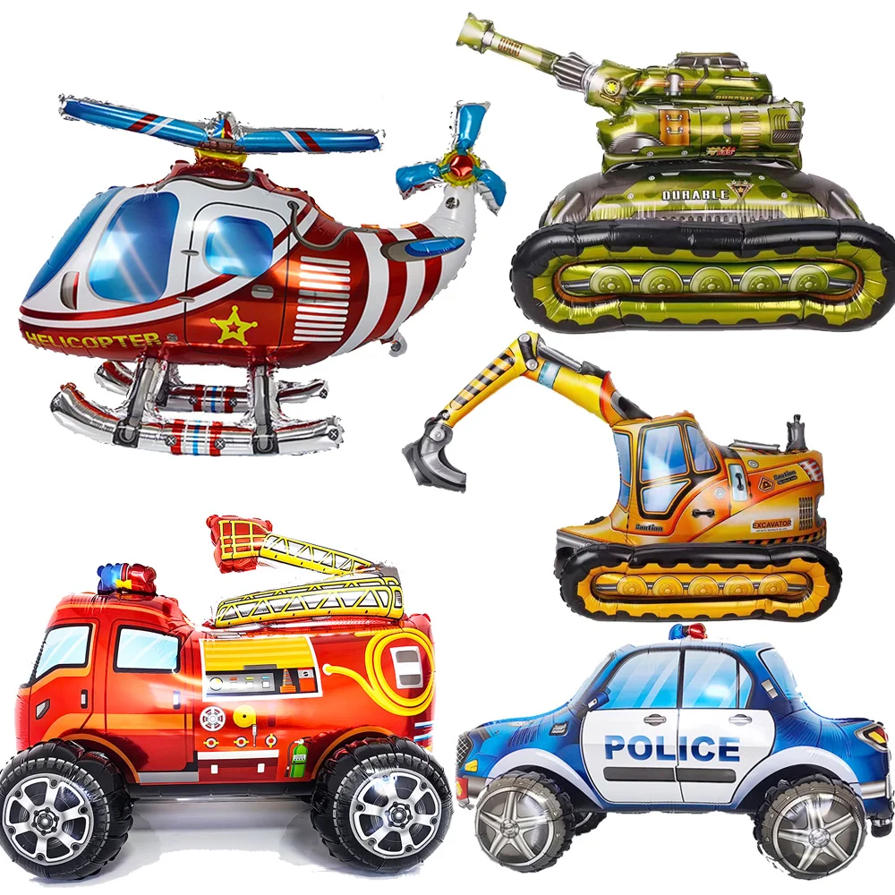 Multi Theme Standing Balloon Excavator Fire Truck Helicopter Foil Balloon Fire Truck Constrution Theme Party Decoration