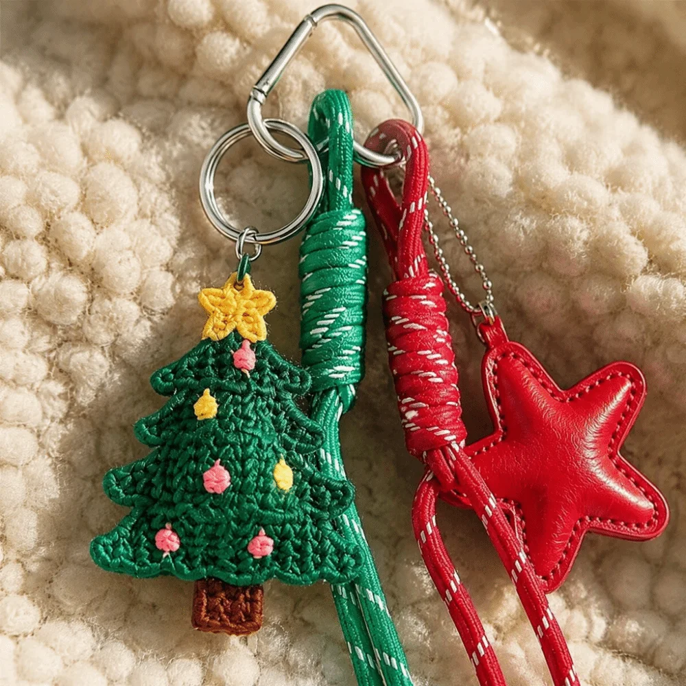 Gestrickter Weihnachtstaschenanhänger, niedlicher Cartoon-Häkel-Schlüsselanhänger, Vintage-Roter-Stern-Weihnachtsmann-Rentier-Anhänger, Weihnachtsstrumpffüller – Detail 9