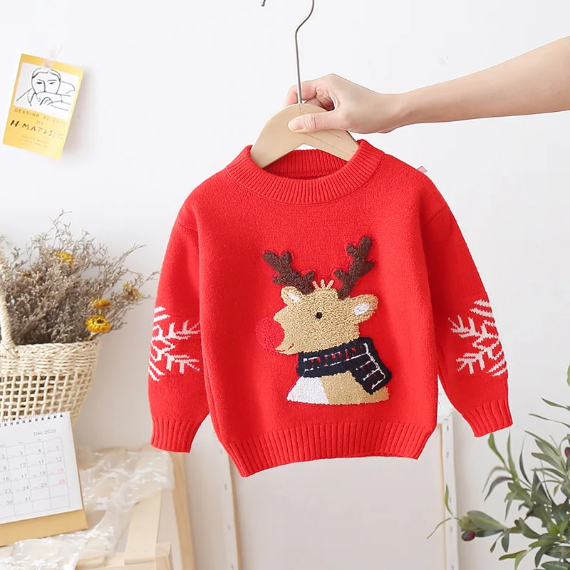 New Year\'s Wear Children\'s Red Knitted Pullover Boy Cartoon Bottom Girl Cartoon Christmas Sweater Thickened Foreign Style