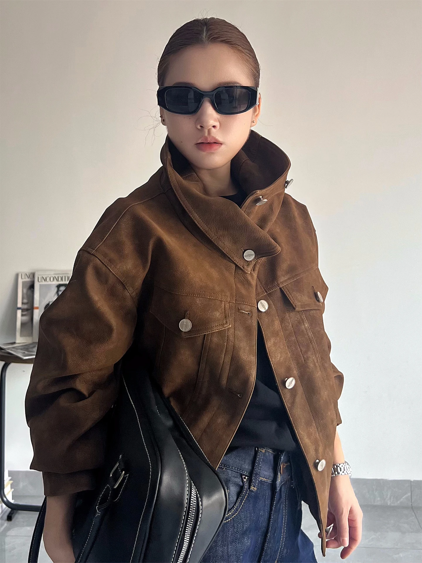 Cé Brown Retro Collar Jaet Damska kurtka zamszowa w rozmiarze ort, luźny krój, materiał poliestrowy, jesienno-zimowy płaszcz damski