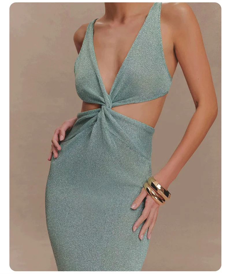 Women's Summer Deep V Neck Sleeveless Backless Long Knit Dress Cross-Cut out Swimsuit Beach Bikini Cover up Crochet Swimwear