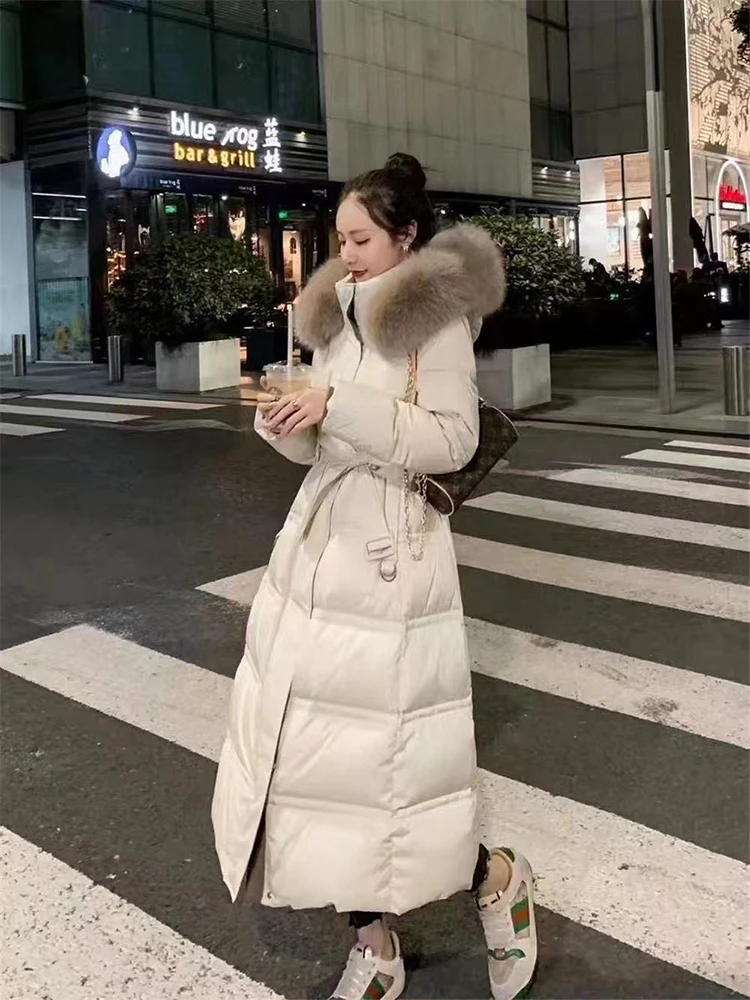 Winter Hooded Natural Fur Collar Long Down Jacket Women White Duck Down Loose Outwears Female Thick Warm Knee Length Down Jacket