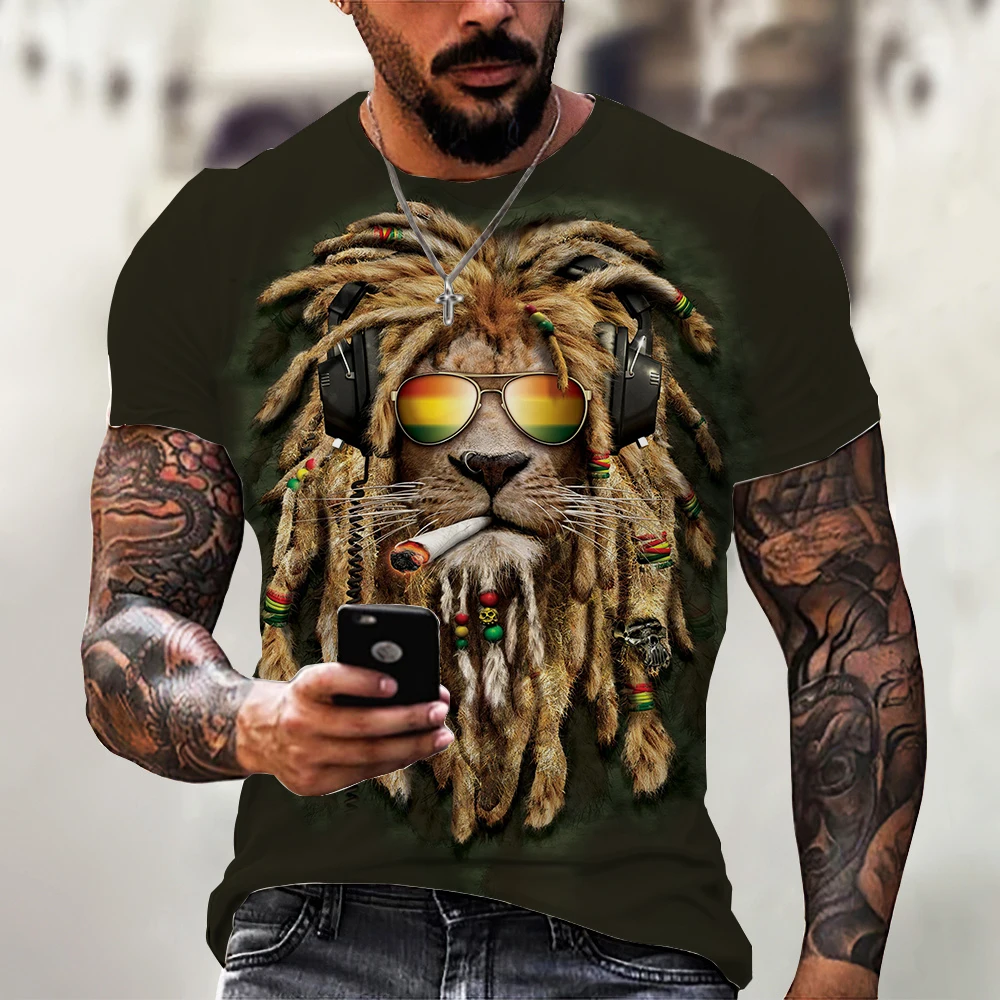 Retro Colorful Lion 3d Print Summer Men\'s Round Neck T-shirt Casual Short Sleeve Oversized T Shirt Fashion Tee Tops Men Clothing