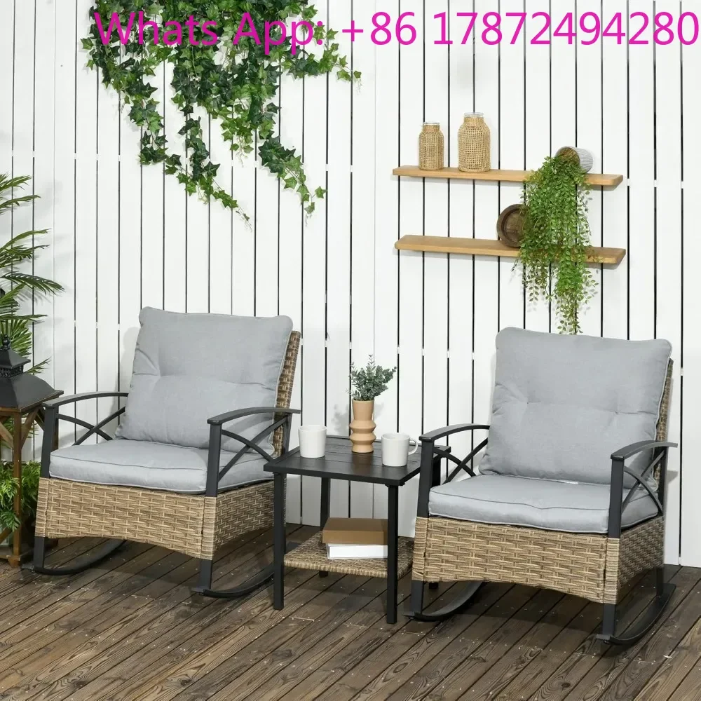 Outdoor Wicker Bistro Set with 2 Cushioned Porch Rockers and 2 Tier Coffee Table
