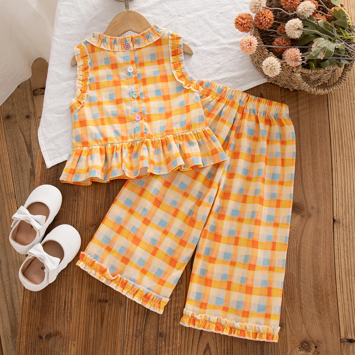 Summer Toddler Girl Orange Gingham 2 Piece Suit Ruffle Sleeveless Top Wide Leg Pants Casual Kids Fashion Clothes