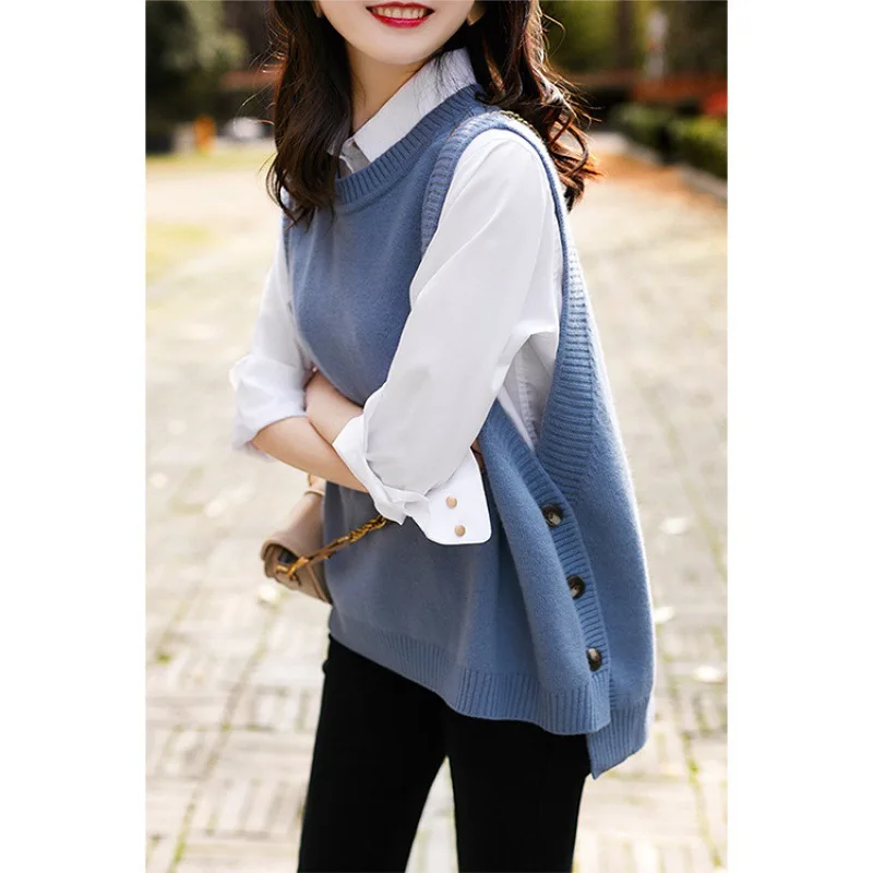 الربيع والخريف جديد الضباب الأزرق محبوك سترة الأنوثة الحد من العمر سترة الجولة الرقبة الأدبية سترة ملابس نسائية عادية #1