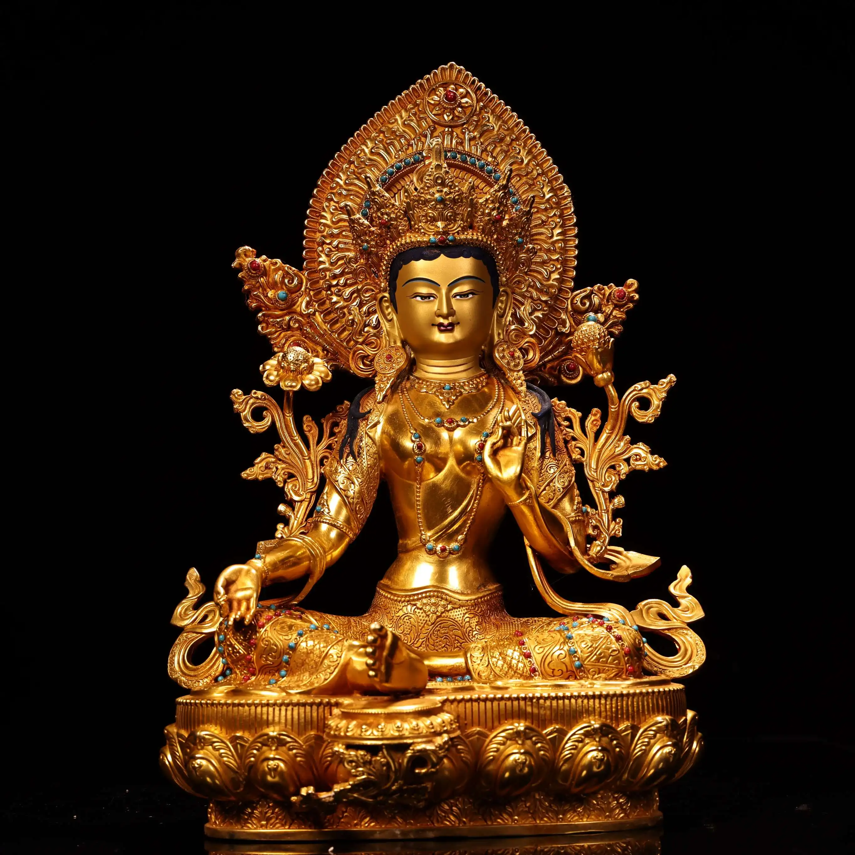 

15"Xizang folk collection Bronze Gilded High Relief Mosaic Gem Green Tara Sitting Buddha Lotus Terrace Worship Hall
