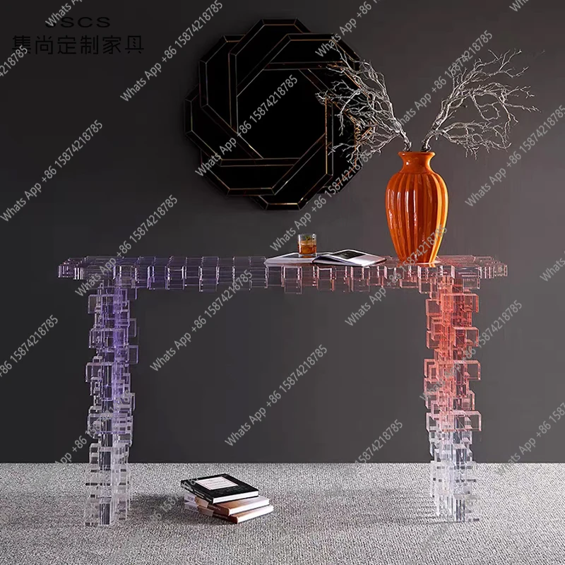 Designer light luxury acrylic gradient console table end view terrace hotel villa model room crystal bar table against the wall