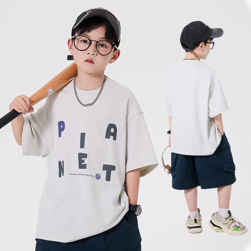 

2026 Summer Children's Short Sleeve Cotton T-shirt with Letters For Tween Boys Casual Tshirt Outfit Kids School Tee Top Age 5-14