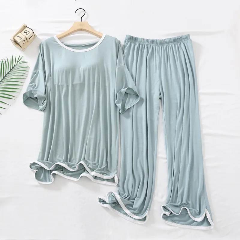 Fdfklak Lady Lounge Wear Round Neck Sleepwear Modal Pajamas Suit Female With Chest Pad Spring Autumn New Home Clothes