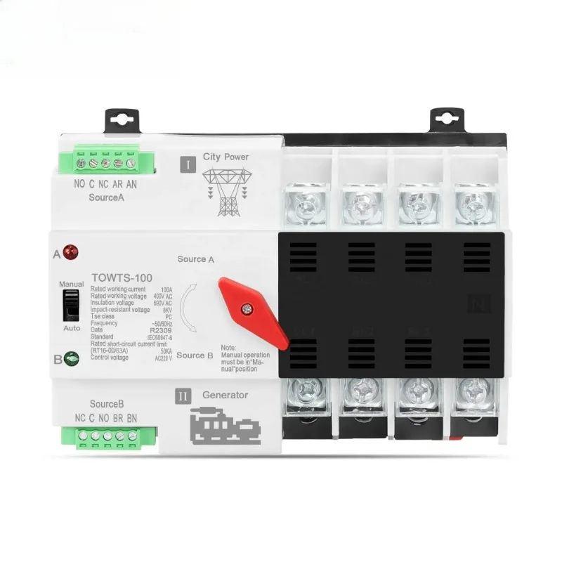 4P Mini ATS Dual Power Automatic Transfer Switch, 16A/40A/63A/100A 220V Electrical Selector Circuit Breakers TOWTS-100