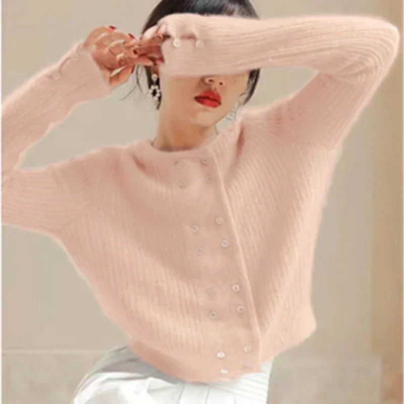 Double Breasted Knitted Cardigans Blue Women Tops Casual O-Neck Sweaters French Autumn Winter Soft Loose Outerwear