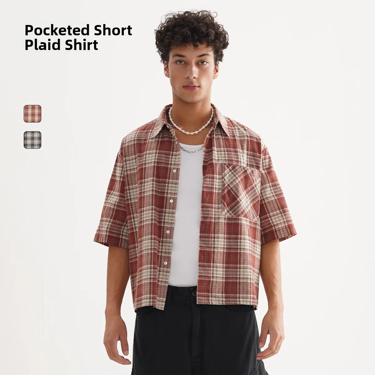 

High Quality Men's Casual Fashion Short Grid Shirt Loose Fit Button up Short Sleeve Cotton Street Style Spring Collection