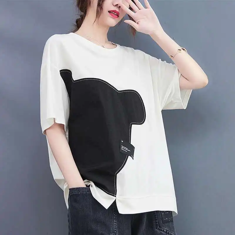 

Patchwork Bright Line Design Hem Slit Chic Black Women Loose T-shirt Pullover O-neck Short Sleeve Top Summer